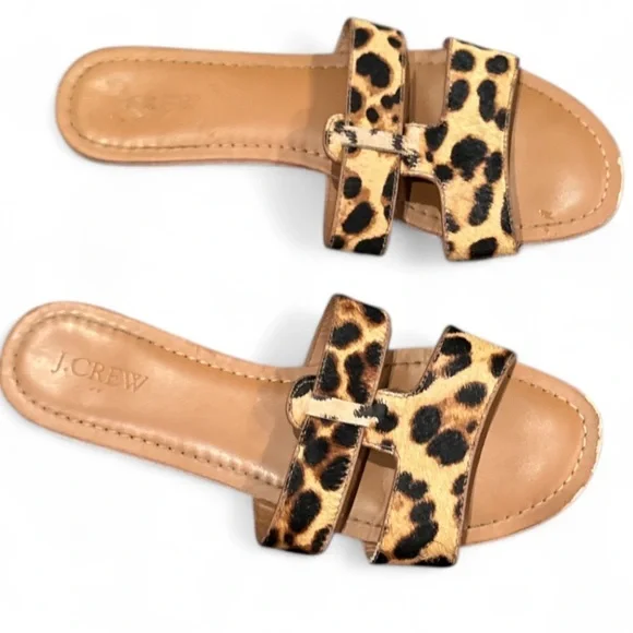 J. Crew Factory Beachside Slides Tan Leopard Calf Hair Sandals Size 8 - Picture 3 of 11